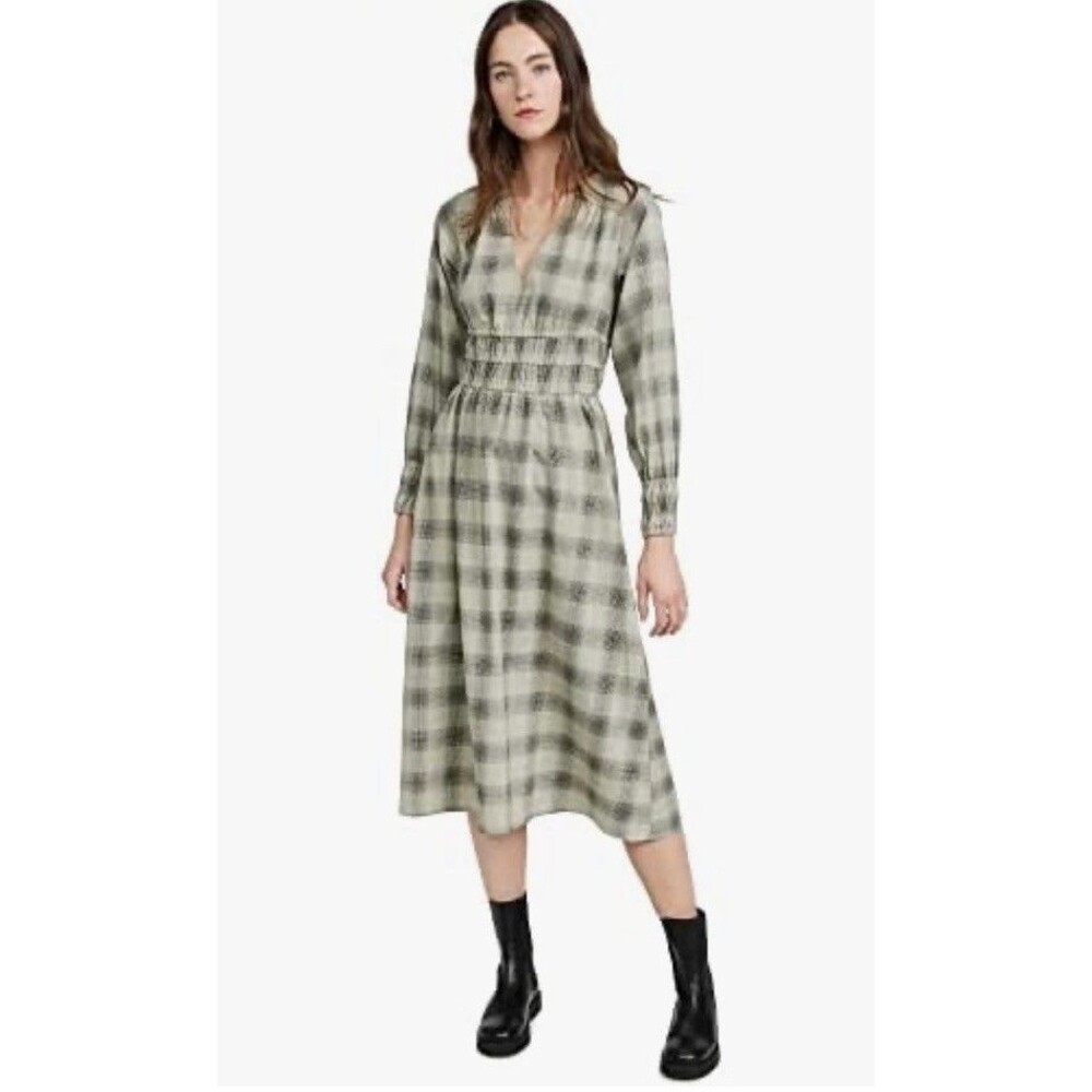 BB Dakota x Steve Madden Plaid Midi Dress Sz XS Ruched Waist Long Sleeve NWT